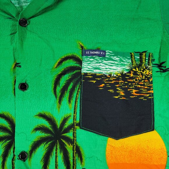 Caribbean Fashions Button Shirt Men 2XL Green AOP Graphic Short Sleeve Pocket - Picture 4 of 14